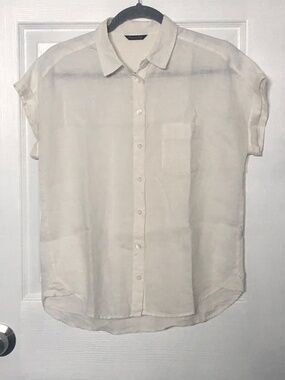 Massimo Dutti Cream Linen Blend Button Front Shirt Womens US 6 EUR 38 Roll Sleev